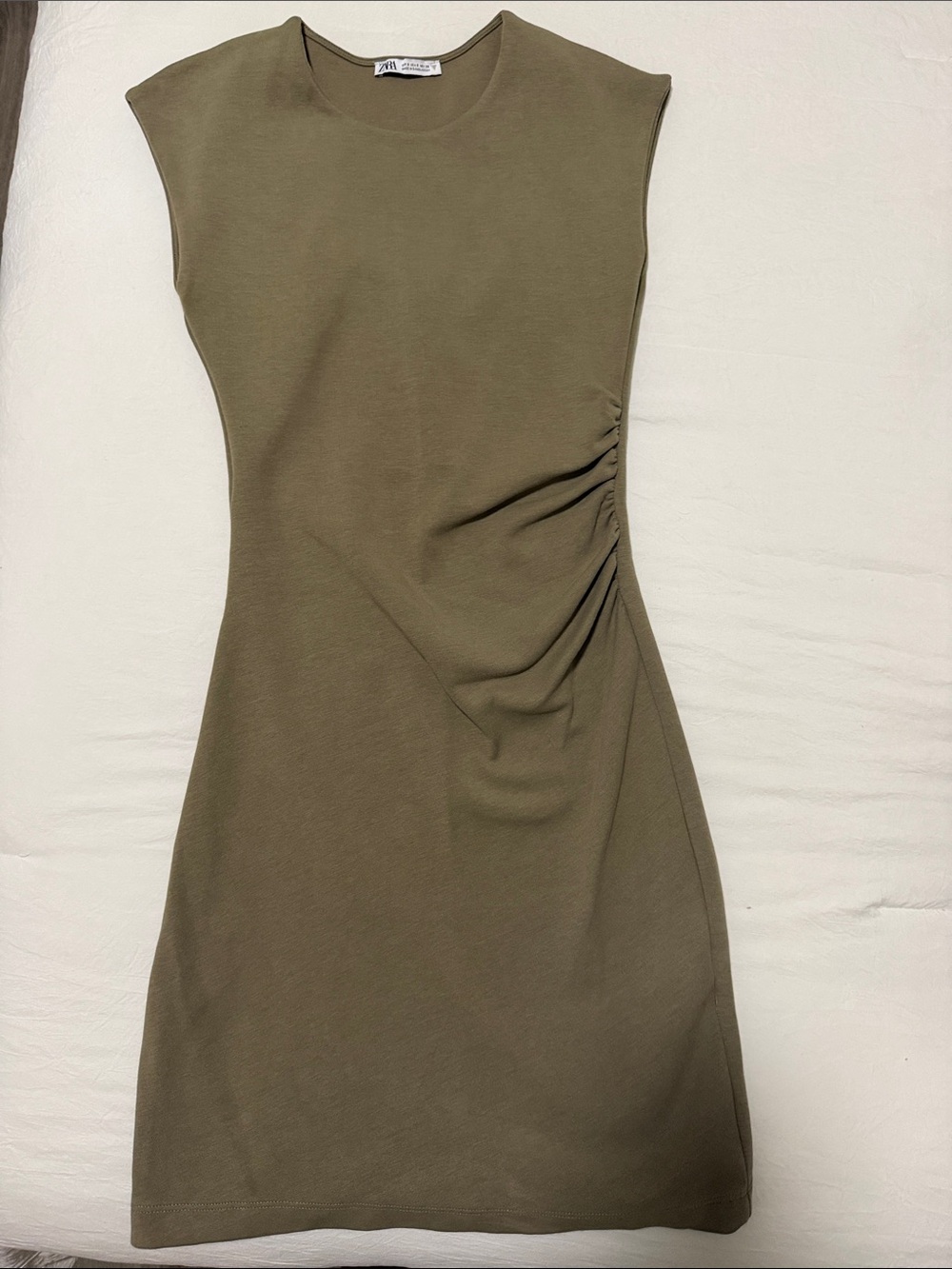 Zara Olive Ruched Cap-Sleeve Mini Dress
